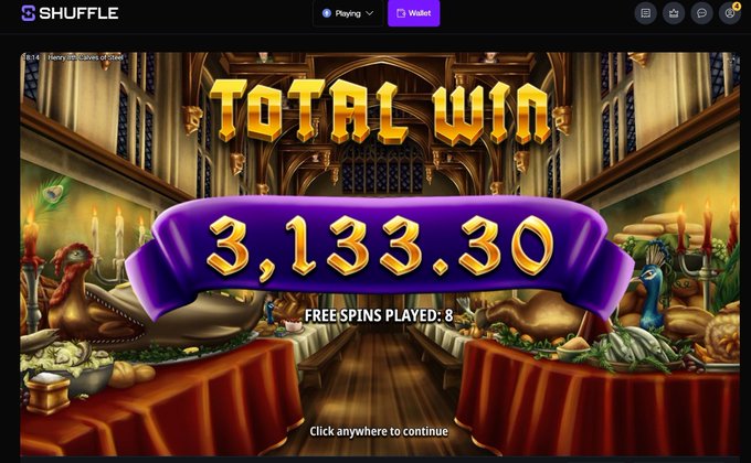 A 'TOTAL WIN' screen from a Shuffle casino game showing 3,133.30 credits won during 8 free spins, set against a medieval feast hall background with golden goblets and food on tables.