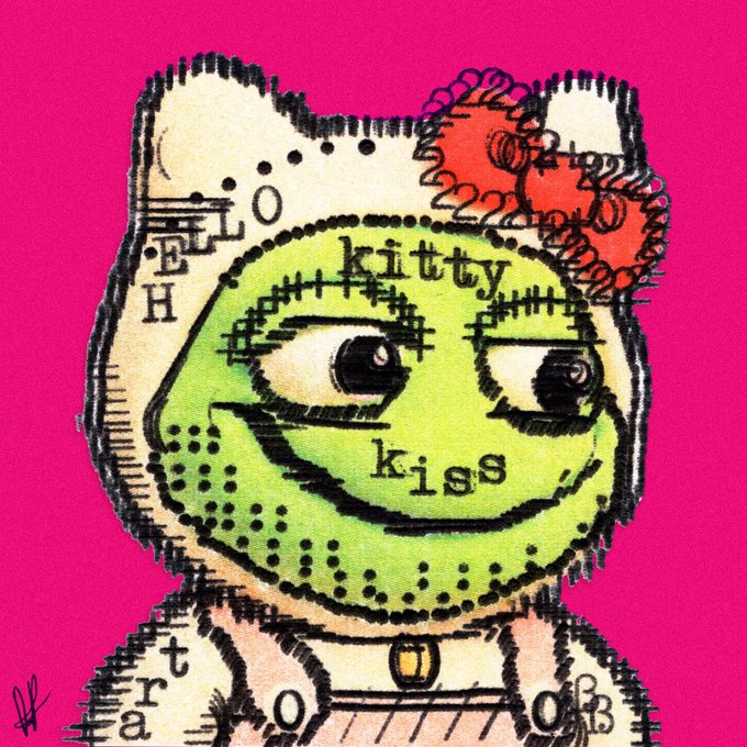 A mixed-media art piece features Hello Kitty with a green face on a hot pink background, with the words 'HELLO', 'kitty', and 'kiss' written in a stitched style, signed by the artist.
