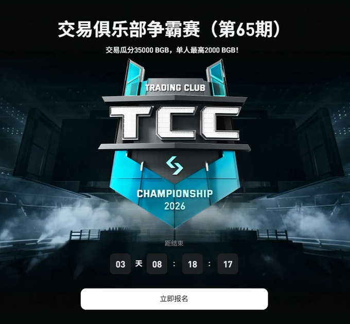 A promotional banner for 'TRADING CLUB TCC CHAMPIONSHIP 2026' in Chinese, displaying '交易俱乐部争霸赛（第65期）' with prize pool details ('交易瓜分35000 BGB，单人最高2000 BGB！') and a countdown timer.