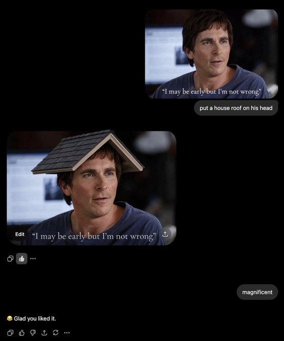 A humorous chat conversation where someone used an AI image editor to put a house roof on Tom Cruise's head from a movie scene with the caption 'I may be early but I'm not wrong,' to which the other person replied 'magnificent.'