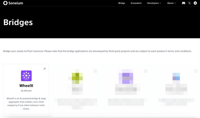 A Soneium 'Bridges' webpage displaying bridge applications, with the visible option being 'WheelX' described as an AI-powered bridge & swap aggregator for cross-chain token swapping.