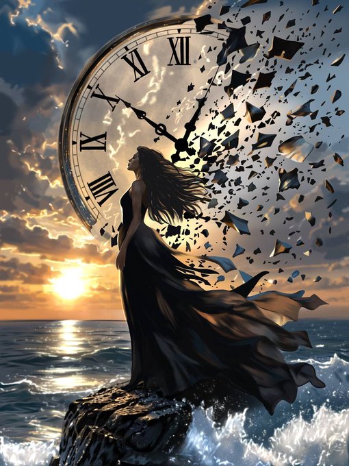 A dramatic digital artwork of a woman in a flowing dark dress standing on a rock by the ocean at sunset, with a giant clock face shattering into pieces beside her.