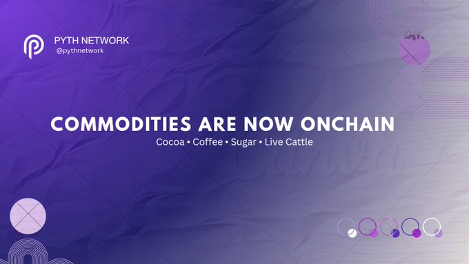 The image features a poster with purple and white colors against a blue background. The poster has text written in black, which reads "Commodities are now ONCHAIN", indicating that the value of commodities has been updated or changed. This change is likely due to the shift towards digitalization and the increasing demand for instant access to financial information. The poster also includes a list of items such as cocoa, sugar, and live cattle, suggesting that these goods have been affected by this change in commodity values.