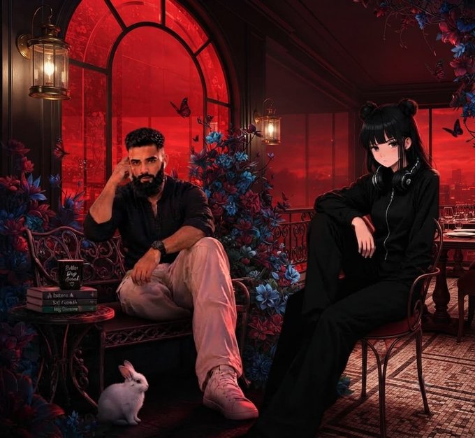 A digital artwork depicts a bearded man in a black shirt sitting on a floral bench alongside an anime-style girl in a black tracksuit, both within a red-lit room with a white rabbit nearby.