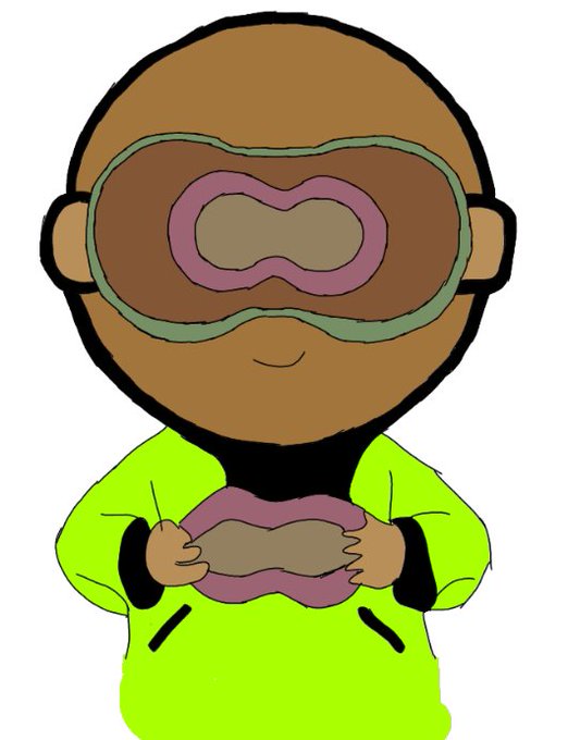 A cartoon illustration of a character with brown skin wearing large goggles with pink lenses and a neon green hoodie, with hands clasped together.