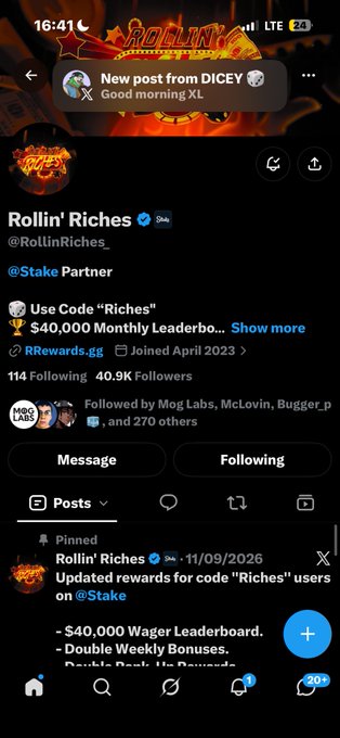Twitter/X profile page for @RollinRiches_, a gambling/casino promotion account with 40.9K followers, featuring DICEY promotion, $40,000 wager leaderboard, and partnerships with Stake, RRrewards.gg, and ROLL.