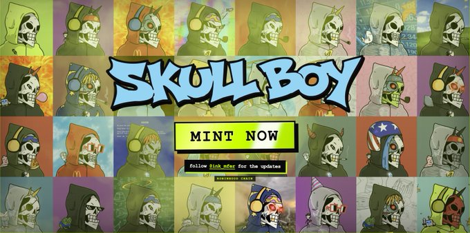 Promotional graphic for 'Skull Boy' NFTs featuring a grid of skeleton character portraits, a 'MINT NOW' button, and 'DISCOUNT CODE' text.