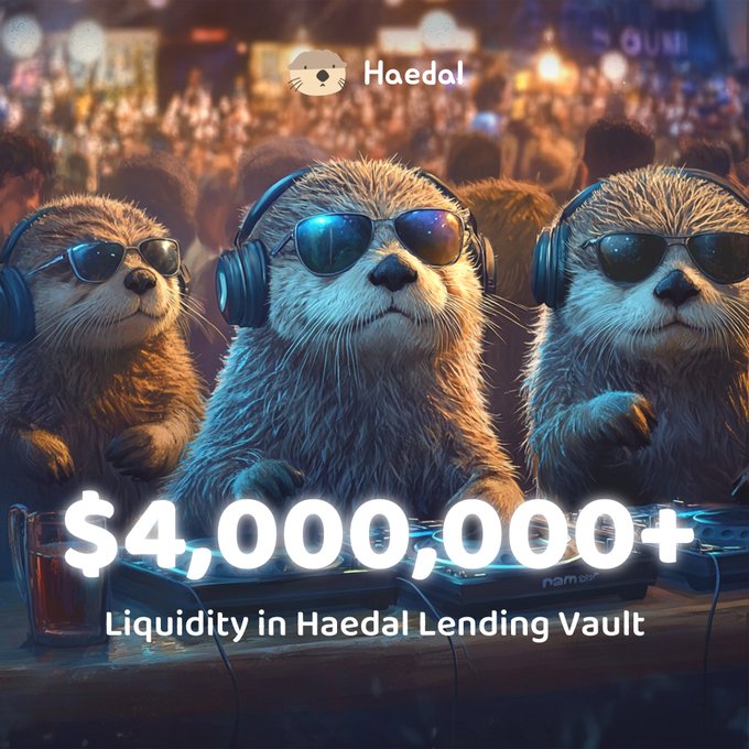 Three otters wearing sunglasses and headphones at a concert, featuring 'Haedal' branding and text reading '$4,000,000+ Liquidity in Haedal Lending Vault'.