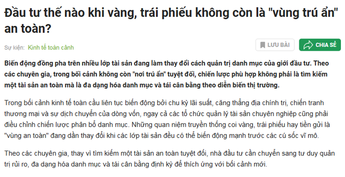 Vietnamese article titled 'Đầu tư thế nào khi vàng, trái phiếu không còn là "vùng trú ẩn" an toàn?' (How to invest when gold and bonds are no longer safe havens?) discussing asset diversification strategies amid geopolitical tensions.