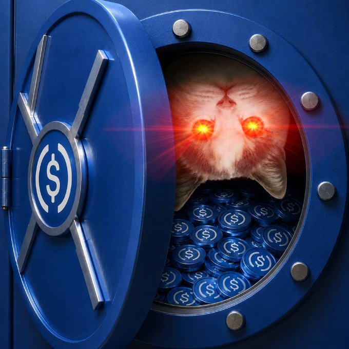 The image features a cat peeking out from an open blue safe, with its eyes glowing red. The safe has a dollar sign symbol on it, indicating that it might be related to USDC or UpSide Down Cat. The cat's position inside the safe suggests that it is curious about what's inside and wants to explore further.