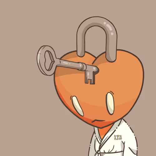 An illustration of an orange heart-shaped character with an open padlock on its head, appearing sad and wearing a white robe, with 'LT3' signed on it.