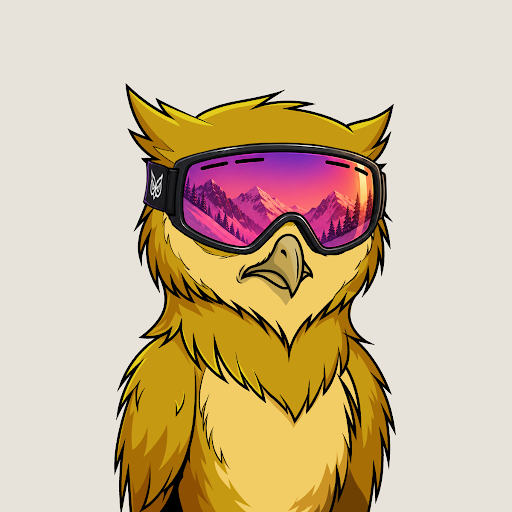 A cartoon illustration of a yellow fluffy bird or owl character wearing purple ski goggles that reflect a pink mountain landscape.