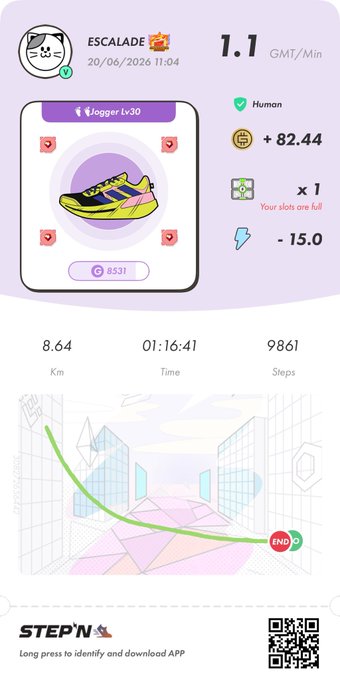 The image shows a step-by-step guide for using an app called "Stepn" that tracks physical activity, such as walking or running. The app displays a purple background with white text, providing instructions on how to use the app. The steps include identifying the type of shoe being worn and entering the distance traveled during the activity. The image also includes a QR code for further information about the app.