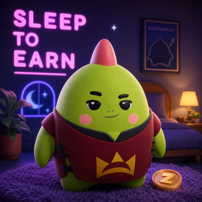 A 3D illustration of a green, gnome-like character standing in a bedroom next to a coin labeled 'Z', with a neon sign reading 'SLEEP TO EARN' on the wall.