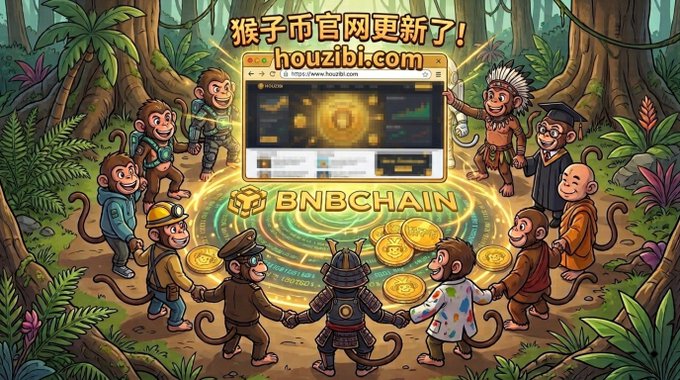 A colorful cartoon illustration showing various monkeys gathered around a glowing website display for 'houzibi.com' with the text '猴子币官网更新了!' above it and 'BNBCHAIN' prominently displayed below.