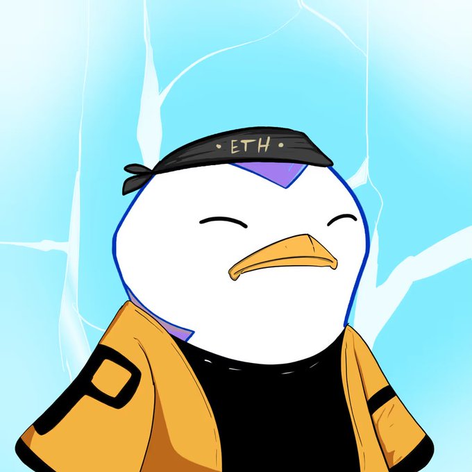 The image features a cartoon penguin wearing an orange jacket, black pants, and a black bandana with the word "eth" written on it. The penguin appears to be smiling for the camera while standing against a blue sky background. In the corner of the image, there is text that reads "Good night legends @useTria is making multichain feel like one chain". This suggests that the post might be related to a gaming or streaming platform where the penguin character could be featured in various ways, such as being part of a game or a YouTube channel.