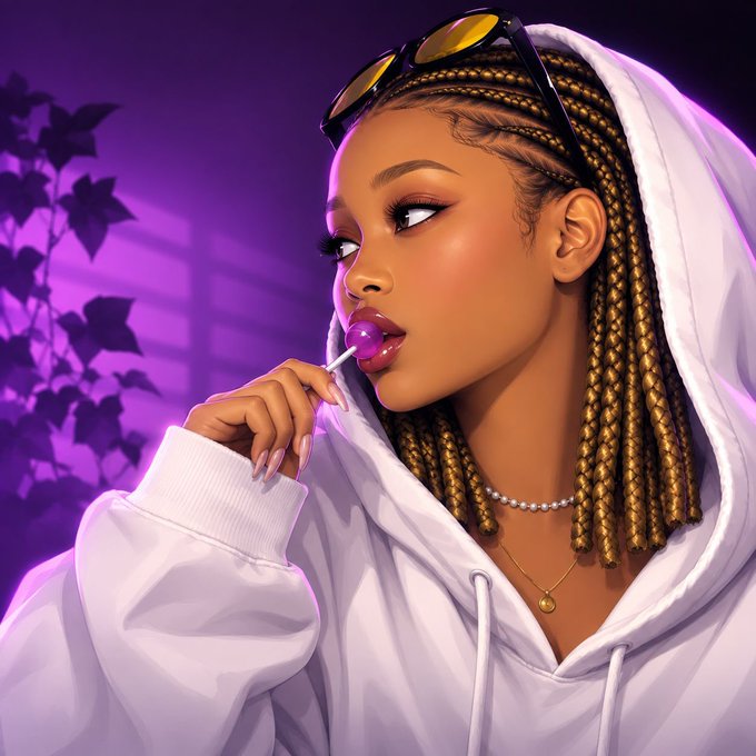 A stylized digital illustration of a woman with braided hair wearing a white hoodie and sunglasses on her head, blowing a pink bubblegum bubble against a purple background with foliage.
