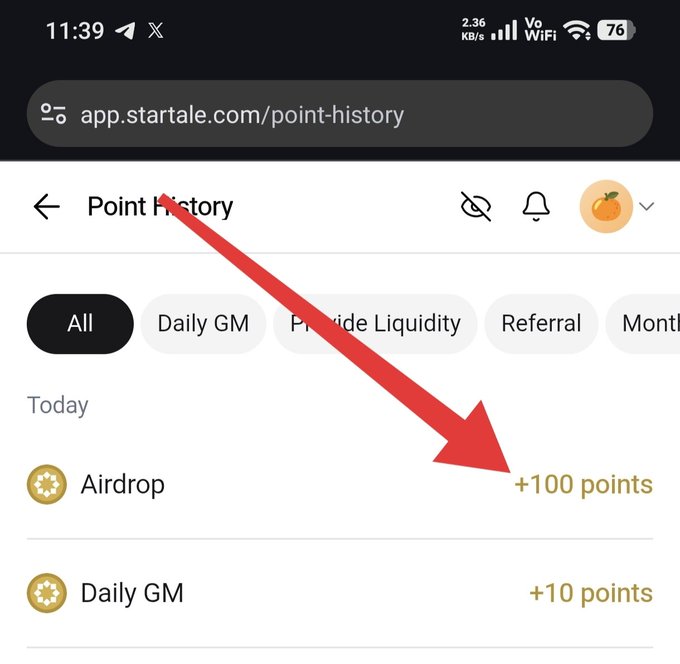 A screenshot of app.startale.com/point-history shows a Point History page where a red arrow points to 'Airdrop +100 points' under the 'Today' section.