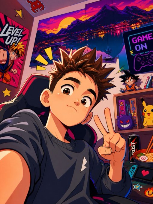 An anime-style digital illustration of a young man with spiky brown hair making a peace sign in a gamer-themed room, featuring 'LEVEL UP!' and 'GAME ON' neon signs, Pikachu and Gengar plushies, and ramen.