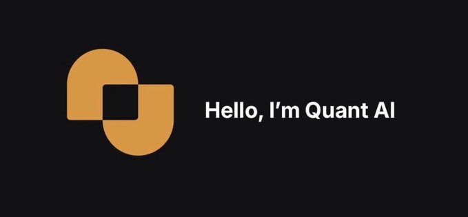 A dark screen displaying an orange interlocking logo alongside the greeting text 'Hello, I'm Quant AI'.