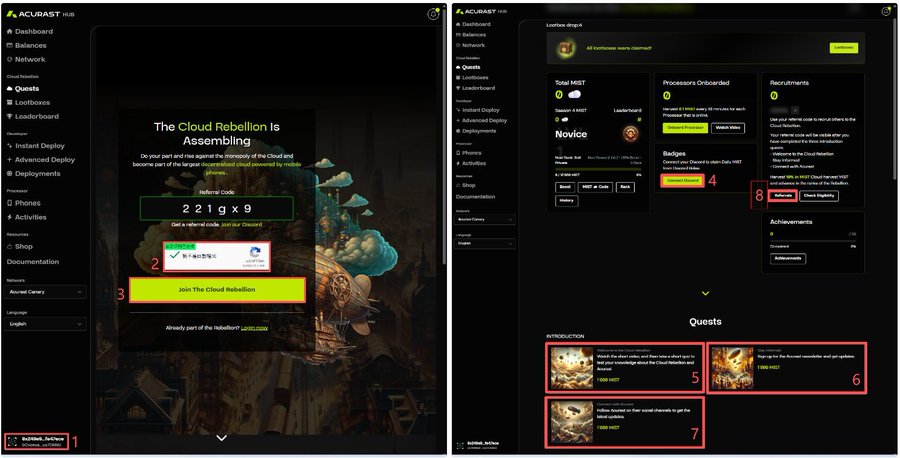 Screenshots of the Acura$t Hub dashboard showing referral system ('The Cloud Rebellion Is Assembling'), quests, MBST tokens, and onboarding tasks, with numbered annotations 1-8 highlighting key buttons and sections.