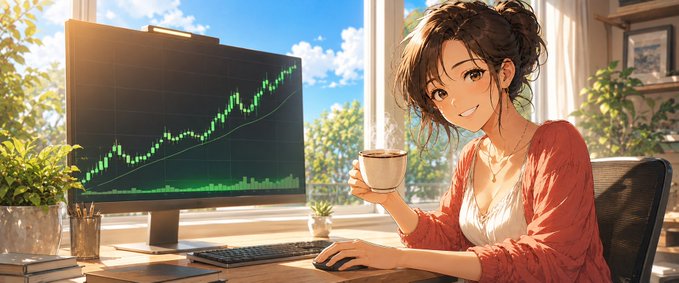 Anime-style illustration of a smiling woman holding a coffee mug while sitting at a desk with a computer monitor displaying a green upward-trending stock chart.
