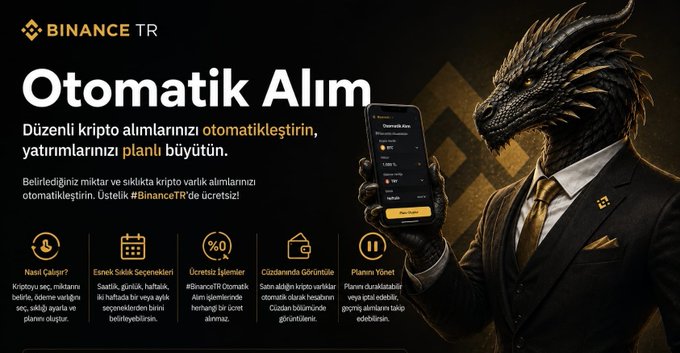 Binance TR advertisement promoting its "Otomatik Alım" (Auto Buy) feature, showing a dragon-headed figure in a suit holding a smartphone displaying the auto-purchase interface, with Turkish text highlighting benefits like no transaction fees, weekly/regular purchase options, and a planned investment feature under the #BinanceTR hashtag.