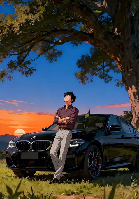 An anime-style character leans against a sleek black BMW sedan at sunset, with arms crossed beneath a sprawling tree. The scene captures a relaxed, aspirational vibe perfect for a "GM" (good morning) greeting — pairing luxury with a peaceful morning atmosphere.