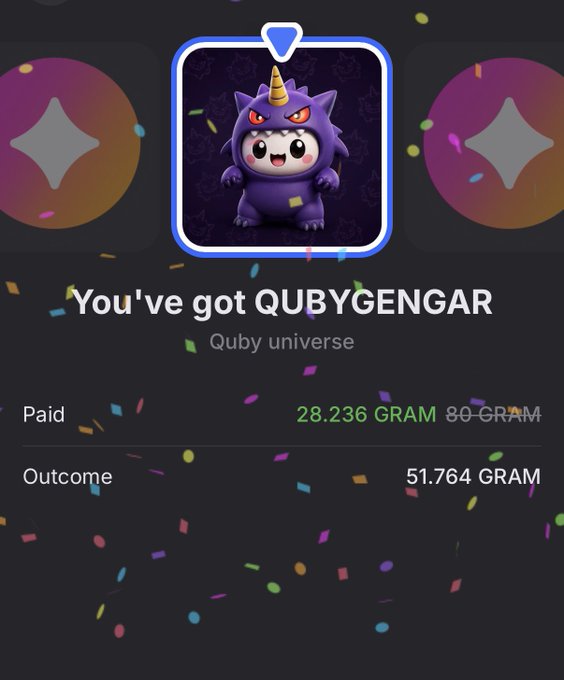 A digital reward screen announces 'You've got QUBYGENGAR' from the 'Quby universe', showing a paid amount of 28.236 GRAM and an outcome of 51.764 GRAM.