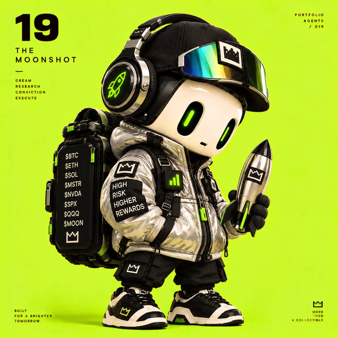 A digital illustration of a robot character wearing a black cap, headphones, and silver jacket, holding a rocket, with text '19 THE MOONSHOT' and 'DREAM RESEARCH CONVICTION EXECUTE' against a bright green background.
