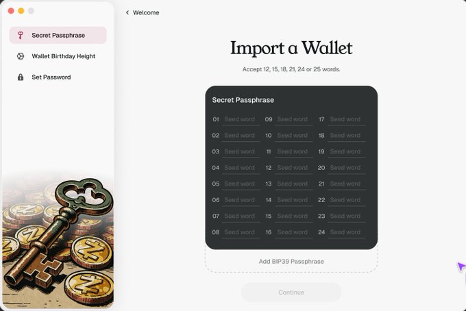 A user interface screen titled "Import a Wallet" displaying a Secret Passphrase entry form with 24 numbered seed word fields, instructing acceptance of 12, 15, 18, 21, 24 or 25 words, alongside an "Add BIP39 Passphrase" option. The image relates to the "25th word coming to Zcash" post by showcasing the wallet import feature that will support the new 25-word passphrase option, currently limited to 24 seed words but with functionality to add an additional BIP39 passphrase.