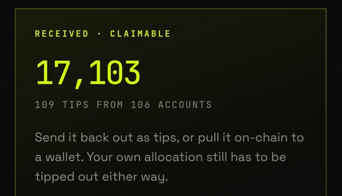 A digital interface showing 'RECEIVED · CLAIMABLE 17,103' tokens with '109 TIPS FROM 106 ACCOUNTS' and instructions to send back as tips or pull on-chain.