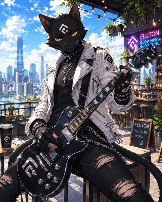 An anthropomorphic black cat with yellow eyes wears a studded white leather jacket and plays a black electric guitar on a rooftop overlooking a city skyline, with 'FLUTON' signage visible.