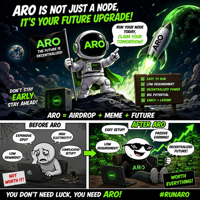 The image features a cartoon astronaut holding a flag, which has text that says "Aro is not just a node, it's your future upgrade!". The scene also includes other cartoon characters like a robot with arms and a laptop computer. The caption above the image focuses on the importance of using ArO as a means to enhance one's technological experience and future success in a rapidly advancing world.