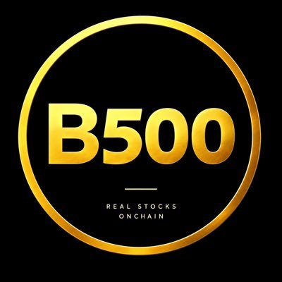 A gold "B500" logo on a black background with the tagline "REAL STOCKS ONCHAIN," visually representing the BNB Chain project that tokenizes U.S. equities into a community-driven Degen Index as referenced in the post.