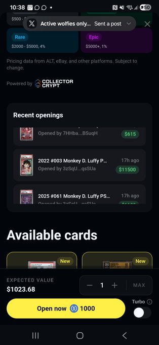 A mobile screenshot shows a card pack opening interface with "Available cards" priced at $1023.68, a yellow "Open now 1000" button, and recent openings including a "2022 #003 Monkey D. Luffy" card valued at $11,500, illustrating the post's story about someone winning a valuable Graded Monkey D. Luffy card from an exclusive pack.