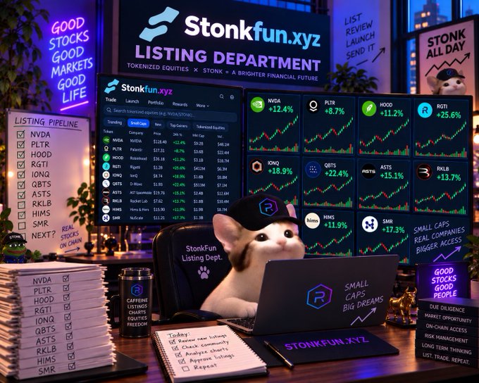 A cat mascot wearing a "StonkFun.xyz Listing Dept." cap sits at a desk with a laptop labeled "Small Caps Big Dreams," surrounded by charts of trending small-cap tickers like NVDA (+12.4%), HOOD (+11.2%), RGTI (+25.6%), IONQ (+18.9%), and QBTS (+22.4%), alongside a checklist of listings (NVDA, PLTR, HOOD, RGTI, IONQ, QBTS, ASTS, RKLB, HIMS, SMR) — visually reinforcing the "It's gonna be a BIG WEEK" caption by showcasing a stacked listing pipeline and explosive small-cap gains.
