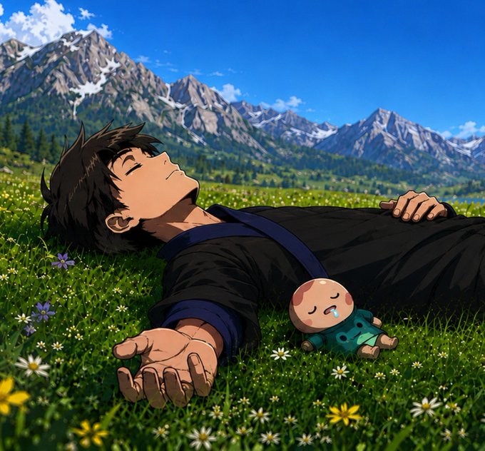 An anime-style image of a young man resting peacefully on his back in a field of flowers with snow-capped mountains in the background, while a small, crying doll-like figure sits beside him.