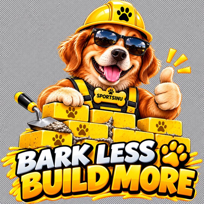 A cartoon dog wearing a yellow hard hat, sunglasses, and a 'SPORTSINU' vest gives a thumbs-up behind a brick wall, with the text 'BARK LESS BUILD MORE' displayed prominently.