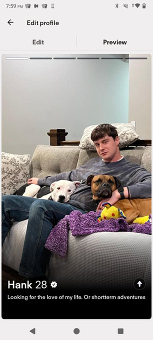 A dating app profile preview for 'Hank 28' showing a man sitting on a couch with two dogs and a purple blanket, with the caption 'Looking for the love of my life. Or shortterm adventures.'