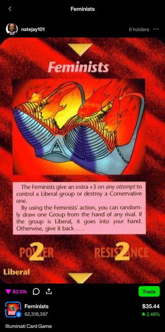 An NFT listing on OpenSea for a "Feminists" card from the Illuminati Card Game, priced at $35.44, held by natejay101.