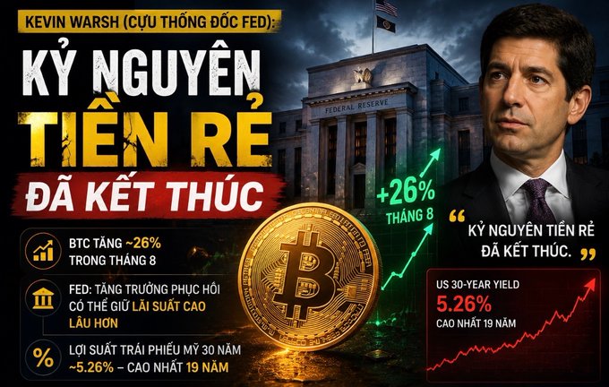 A Vietnamese-language infographic featuring Kevin Warsh (former Fed Governor) with the headline 'KỶ NGUYÊN TIỀN RẺ ĐÃ KẾT THÚC' (The era of cheap money has ended), showing Bitcoin up ~26% in August and US 30-Year Yield at 5.26%.