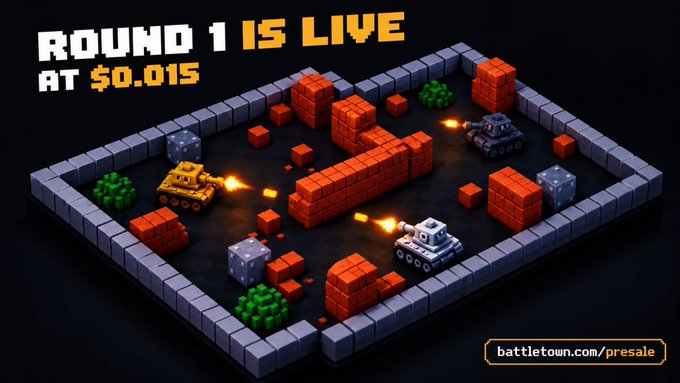 A promotional banner for a pixel-art tank battle game called $BTOWN shows three tanks firing inside a walled arena with the text "ROUND 1 IS LIVE AT $0.015" and the URL "battletown.com/presale" displayed, advertising the first round of the game's presale at the listed price.