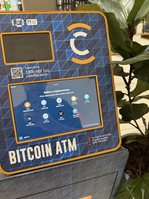 This image shows a Coinflip Bitcoin ATM, which the accompanying post claims is selling cryptocurrencies at inflated prices, citing Solana at $85 USD and Bitcoin at nearly 20% above market value.