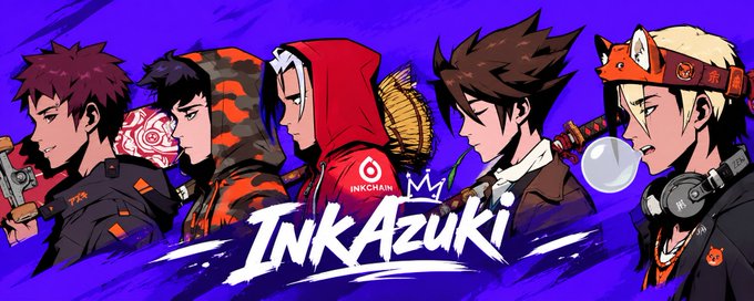 An illustration features five stylized characters in profile against a purple background, with the central text 'InkAzuki' and a smaller 'INKCHAIN' logo, depicting figures in various costumes including a hooded jacket and animal ears.