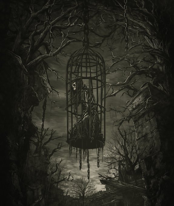 A dark, gothic illustration depicts a skeletal figure trapped inside a large iron birdcage hanging from chains amidst twisted, leafless trees in a desolate, shadowy landscape.