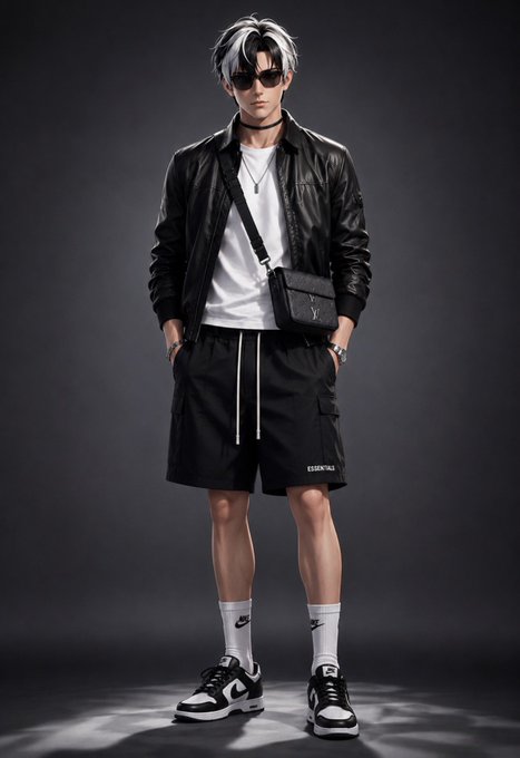 The image features a man standing against a black background, wearing a white shirt, black shorts, and black shoes with white nike swoosh logos. He has sunglasses on his head and carries a black bag over his shoulder. The caption "gm CT another day to be bullish on @wallchain wagmi" suggests that the image is related to a social media post or advertisement promoting a brand or product.