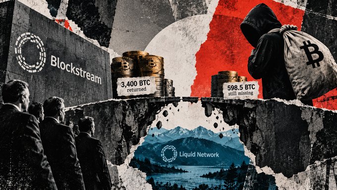 A digital collage-style graphic depicting the Blockstream and Liquid Network Bitcoin theft, featuring a hooded figure with a Bitcoin bag, stacks of coins labeled '3,400 BTC returned' and '598.5 BTC still missing', and silhouettes of men in suits.