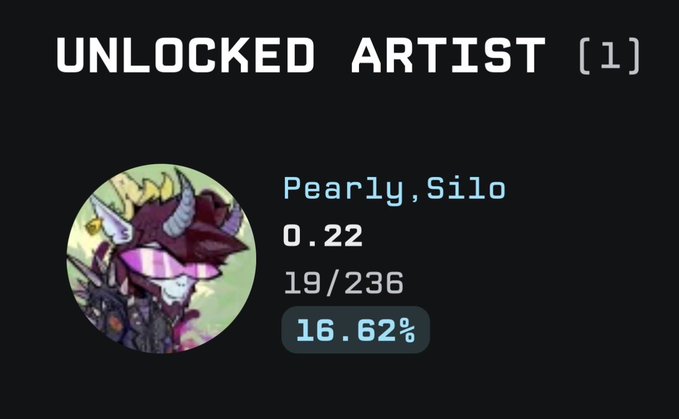 A dark screen displaying 'UNLOCKED ARTIST [1]' with the name 'Pearly, Silo', a score of '0.22', progress '19/236', and '16.62%' alongside a circular character portrait.