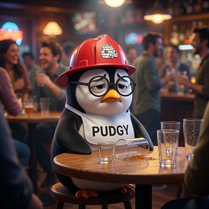 A 3D-rendered penguin character wearing a red firefighter helmet, round glasses, and a bib that says 'PUDGY' sits at a bar table with empty glasses.